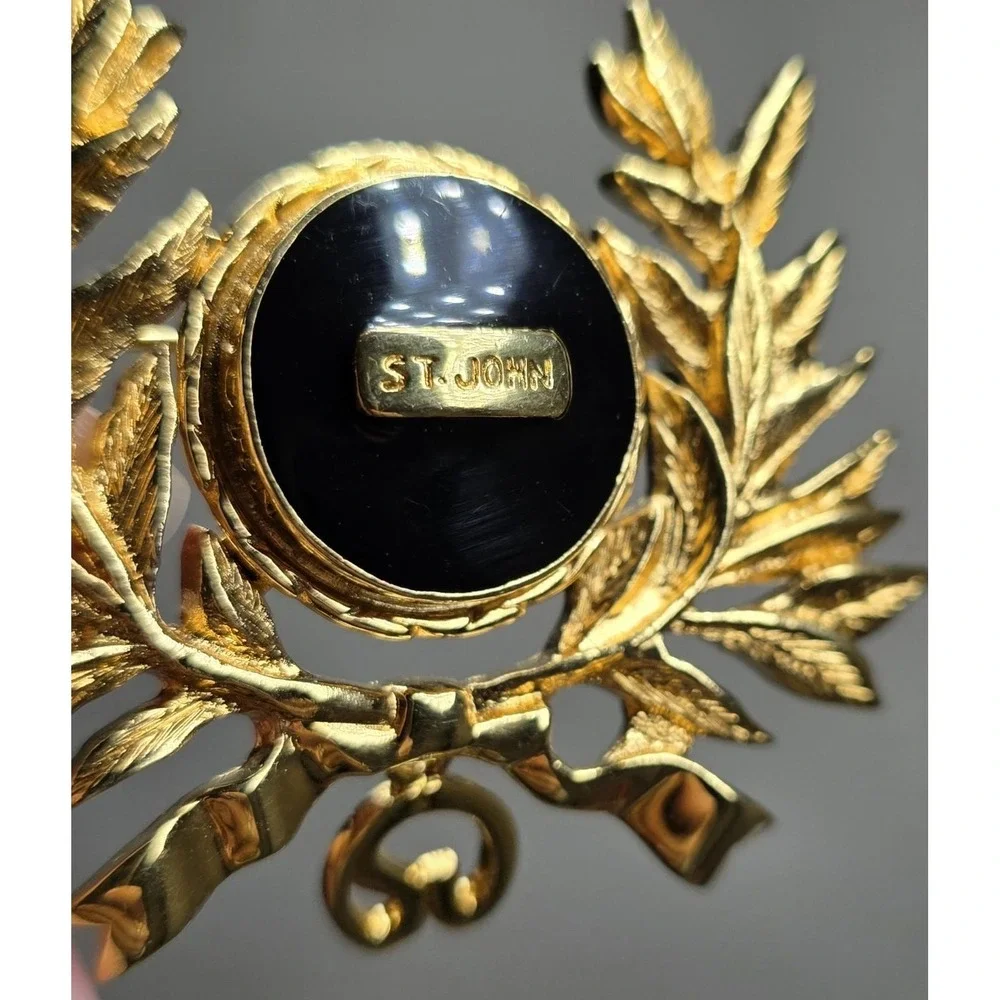 Rare Vintage ST. JOHN Maltese Gold Plated Black Enamel Dangle Logo Pin Brooch